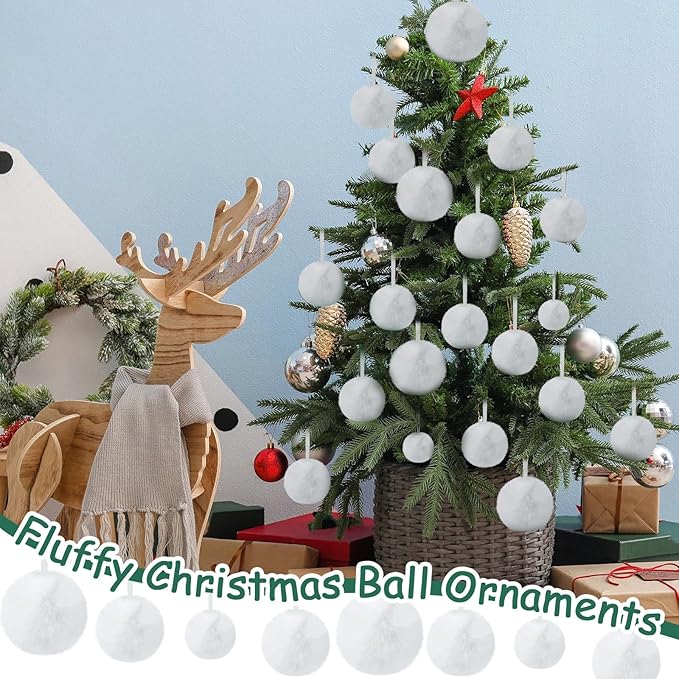 24 Pcs White Furry Christmas Ball Ornaments for Tree 2.36/3.15/3.94 Inches Pom Pom Ball Christmas Hanging Decoration for Party Supplies Fireplace Mantel Wall Decor