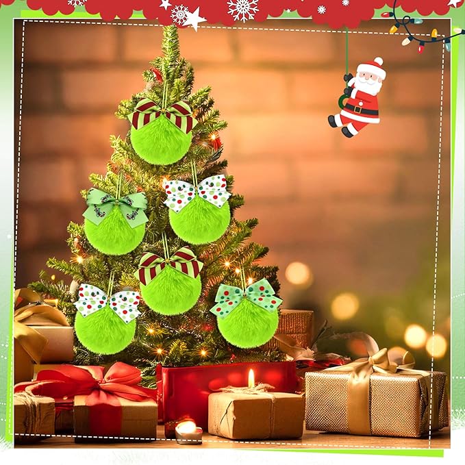 Norme 24-Pack Lime Green Furry Christmas Balls with Bow, 4" Soft Faux Fur Plush Pom Pom Ball Ornaments for Christmas Tree Hanging Decorations Party Fireplace Mantel Wall Decor(Mixed Style)