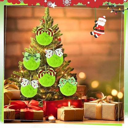 Norme 24-Pack Lime Green Furry Christmas Balls with Bow, 4" Soft Faux Fur Plush Pom Pom Ball Ornaments for Christmas Tree Hanging Decorations Party Fireplace Mantel Wall Decor(Mixed Style)