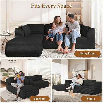 Vesgantti 106" Boneless Couch with Chaise, Deep Seat Comfy Cloud Modular Sofa Corduroy Sectional Couches for Living Room Bedroom, No Assembly Required (Black, Left-Facing Chaise)