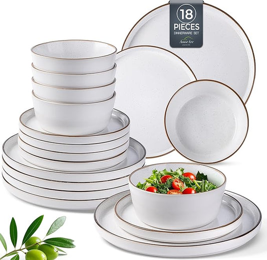 AmorArc Dinnerware Set for 6, 18 Pieces Ceramic Plates and Bowls Set, Handcrafted Speckled Stoneware Plates, Dishwasher & Microwave Safe Dishes - (White, Service for 6)