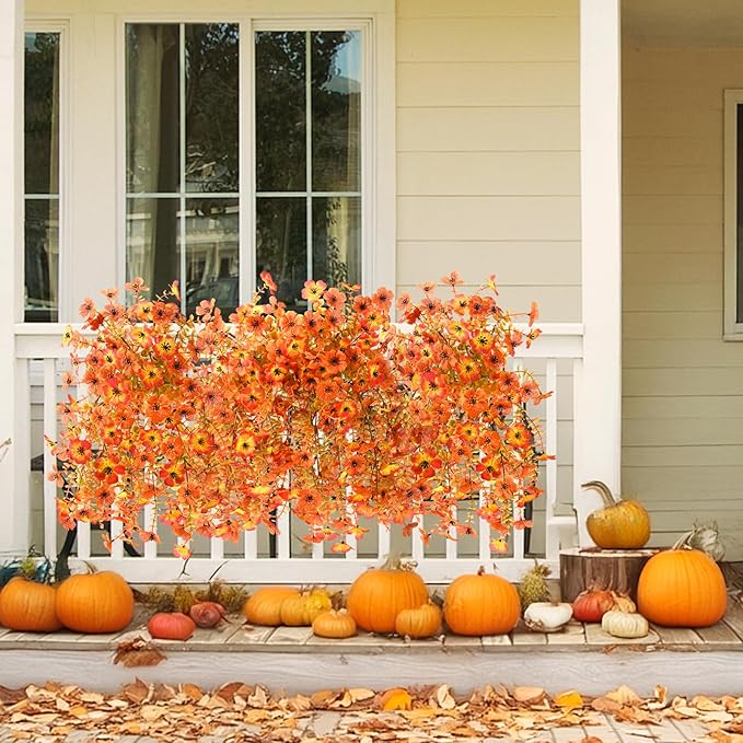 INQCMY Artificial Fall Flowers for Outdoors Realistic Faux Autumn Hanging Plants 2Pcs Fake Mums Fake Flowers for Porch Patio Outdoor Decor Home Decor UV Resistant (Orange Sunset Red)