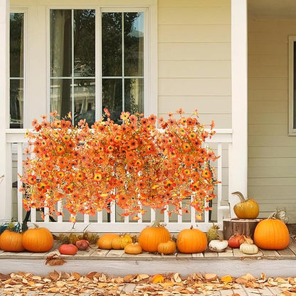 INQCMY Artificial Fall Flowers for Outdoors Realistic Faux Autumn Hanging Plants 2Pcs Fake Mums Fake Flowers for Porch Patio Outdoor Decor Home Decor UV Resistant (Orange Sunset Red)