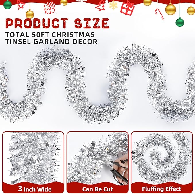 50FT Silver Christmas Tinsel Garland - Metallic Tinsel Glitter Twist Garland Hanging Streamers for Xmas Tree Garlands Decorations