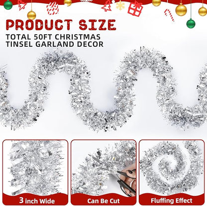 50FT Silver Christmas Tinsel Garland - Metallic Tinsel Glitter Twist Garland Hanging Streamers for Xmas Tree Garlands Decorations