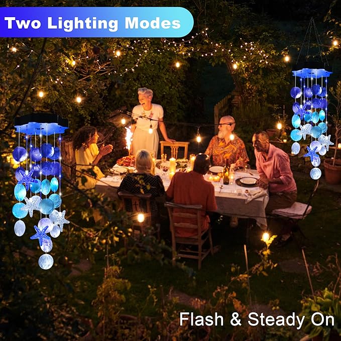 Solar Shell Gift for Mom Grandma Girls, White & Blue Christmas Solar Wind Chimes for Outside, Outdoor Decorative Mobile Lights for Garden, Yard, Patio, Window, Party, Outdoor Decorations