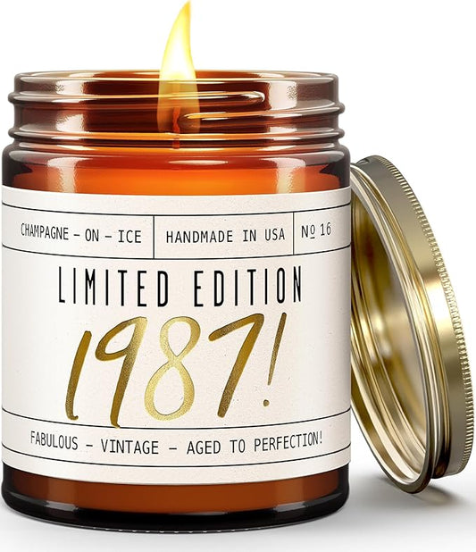 38th Birthday Gifts for Women - 'Limited Edition 1987' Soy Candle, w/Champagne on Ice I 38 Birthday Gifts for Women I 38th Gift for Her Ideas I 9oz Reusable Jar, 50Hr Burn, Made in USA
