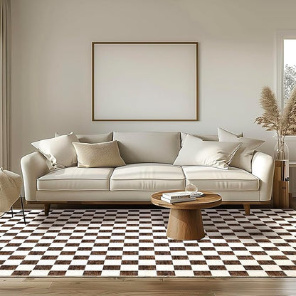 EVERGRACE Checkered Plaid Area Rug 8x10, Soft Fuzzy Faux Wool Rugs Washable Anti Slip Rugs Large Rug Carpet for Entryway Bedroom Living Room Hallway Kitchen Dining Room and Laundry Room, Dark Brown