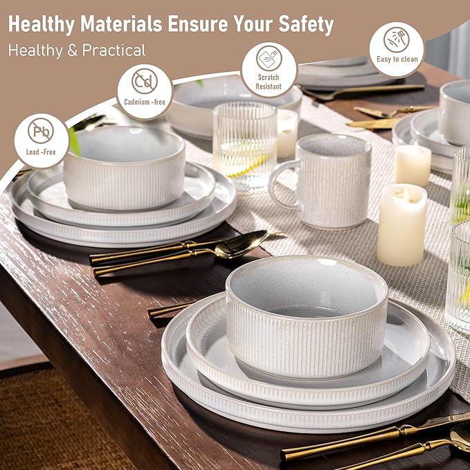 GBHOME Stoneware Dinnerware Sets for 4, Round Reactive Glaze Ceramic Plates and Bowls Set, Highly Scratch Resistant | Dishwasher & Microwave Safe ，Service for 4(12Pcs)