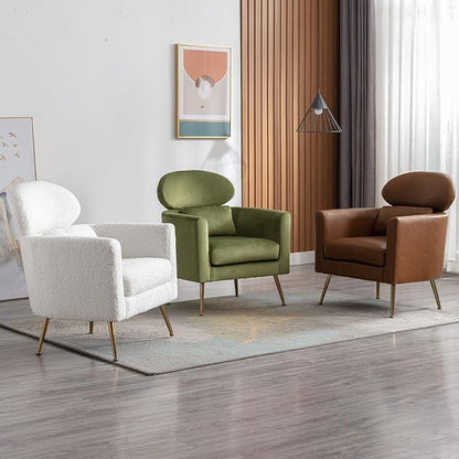 Velvet Accent Chair Comfy Living Room Chair Slipper Chair Mid Century Single Sofa Arm Chair with Golden Legs and Pillow for Bedroom/Guest Room, Olive Green