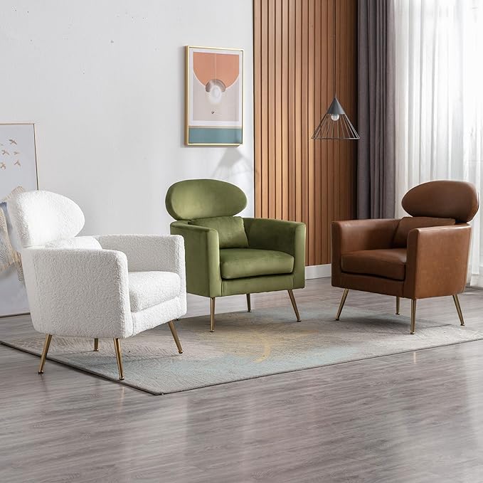 Velvet Accent Chair Set of 2 Comfy Living Room Chair Slipper Chair Mid Century Single Sofa Arm Chair with Golden Legs and Pillow for Bedroom/Guest Room, Olive Green