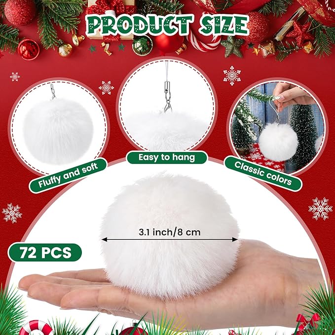 Nuenen 72 Pcs 3.15 Inch White Furry Christmas Ball Ornaments Christmas Pom Poms Ornaments Faux Rabbit Fur Balls Bulk with Elastic Band for Xmas Tree Decorations DIY Craft Hat Keychain (White)