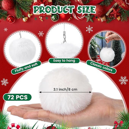 Nuenen 72 Pcs 3.15 Inch White Furry Christmas Ball Ornaments Christmas Pom Poms Ornaments Faux Rabbit Fur Balls Bulk with Elastic Band for Xmas Tree Decorations DIY Craft Hat Keychain (White)