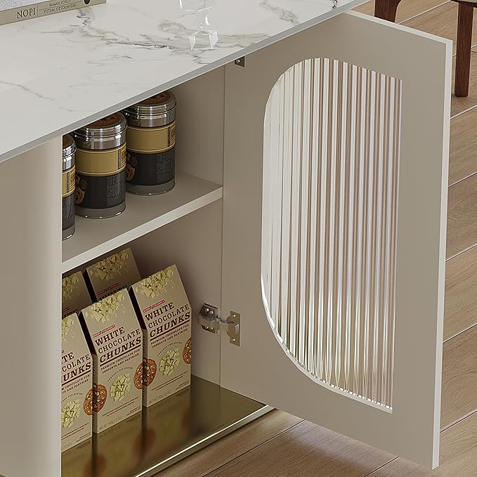 Montary 63" Modern 4-6 Person Dining Table with Storage Cabinet, Artificial Marble Dining Table with Sintered Stone Tabletop & Golden Solid Wood Base, Includes 6 Cream PU Chairs for Kitchen