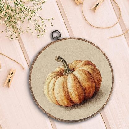 Hxlac Vintage Fall Pumpkin Print Round Wall Art Framed, Rustic Fall Round Wall Decor, Halloween Autumn Hanging Canvas Prints Wall Sculptures for Home Living Room Bedroom Decor, 10x10 Inch