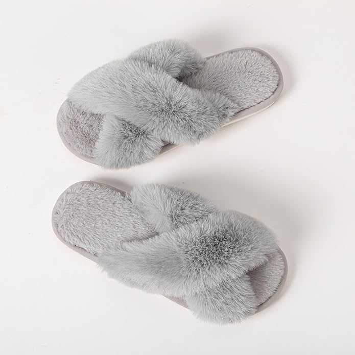 Women's Slipper Memory Foam Cross Band Fuzzy Slippers Open Toe Cozy House Slippers Cozy Plush Bedroom Indoor Outdoor