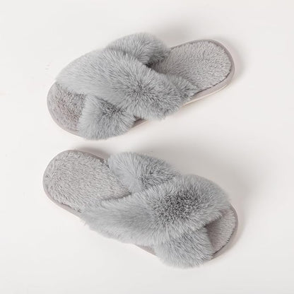 Women's Slipper Memory Foam Cross Band Fuzzy Slippers Open Toe Cozy House Slippers Cozy Plush Bedroom Indoor Outdoor