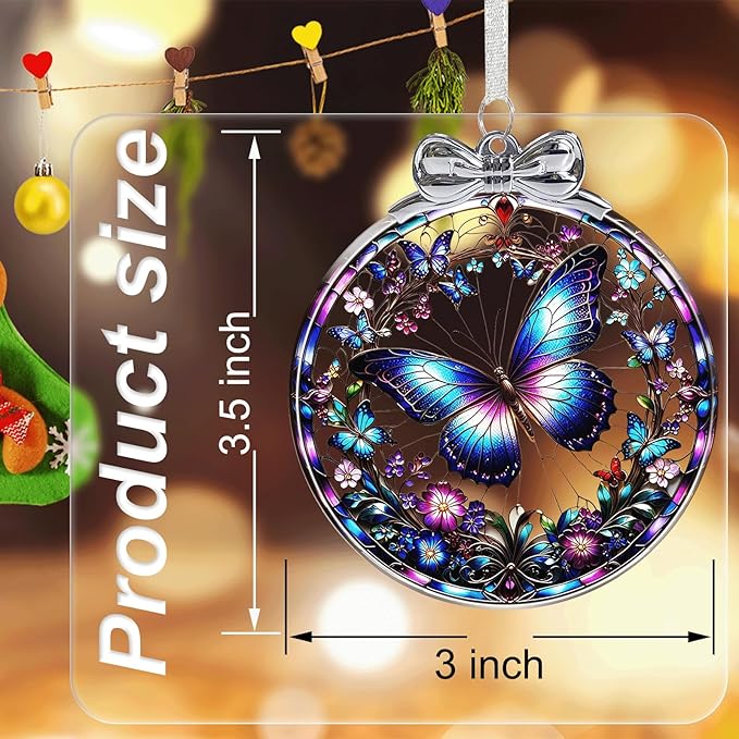 Butterfly Christmas Ornament Stained Glass Butterfly Decorations - Hanging Ornaments for Christmas Tree Xmas Decorations, Holiday Keepsake Present Exchange Ideas