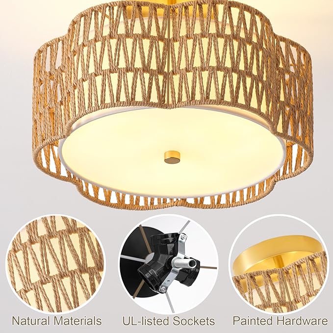 13.6" Boho Light Fixtures Flush Mount, 3-Light Rattan Ceiling Light Fixtures Flush Mount Gold for Bedroom, Flower-Shaped Close to Ceiling Light Fixture for Hallway Kitchen Dining Room(Yellow)