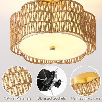 13.6" Boho Light Fixtures Flush Mount, 3-Light Rattan Ceiling Light Fixtures Flush Mount Gold for Bedroom, Flower-Shaped Close to Ceiling Light Fixture for Hallway Kitchen Dining Room(Yellow)