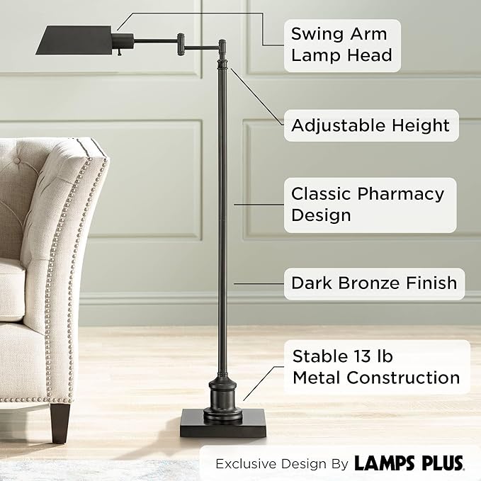 Regency Hill Jenson Traditional Farmhouse Adjustable Pharmacy Floor Lamp Standing Base Swing Arm 54" Tall Dark Bronze Metal Bright Downward Light for Living Room Reading House Bedroom