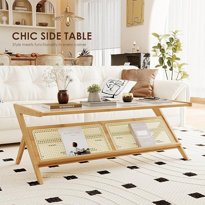 Bamworld Rattan Coffee Table Mid-Century Modern Coffee Table BambooTable with Glass Top for Living Room Office