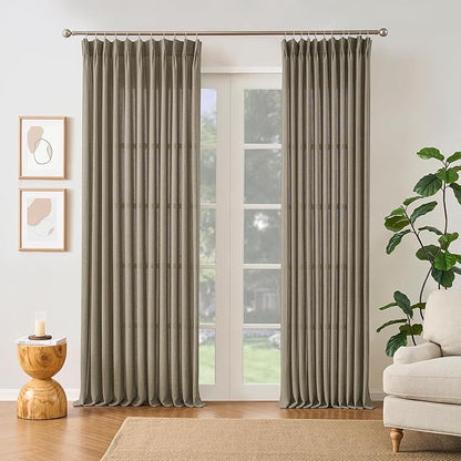 Custom Length Curtains 92 Inches Long,Pinch Pleated Linen Blend Back Tab with Hooks Boho 70s Curtains for French Door Living Room W50 x L92 Khaki
