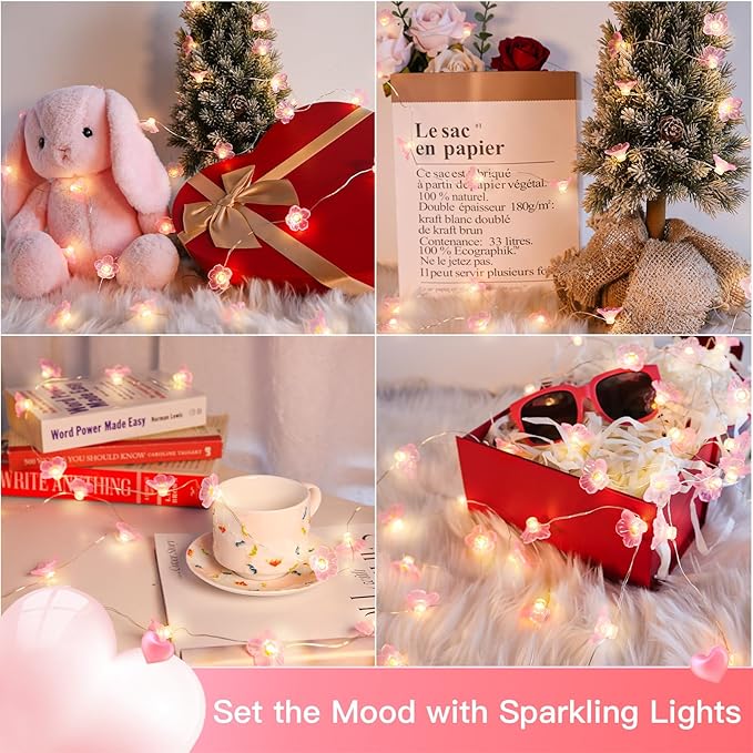 suddus Cherry Blossom Lights, 12.8 ft 40 LED Flower String Lights Battery Operated with Remote, Decorative Pink Fairy Light for Bedroom, Holiday, Partry, Indoor