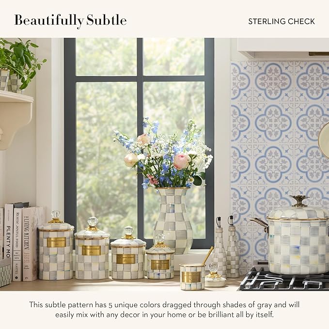 MACKENZIE-CHILDS Farmhouse Oil Cruet, Ceramic Oil Dispenser Bottle, Gray-and-White Sterling Check