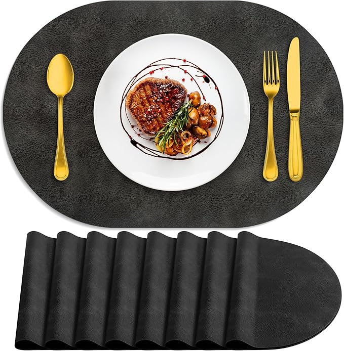 ADRIMER Placemats, Heat Resistant Oval Placemats Set of 8 Washable 12 x 17 Inch, Waterproof Table Mats, Wipeable Pu Place Mats for Kitchen, Dark Grey