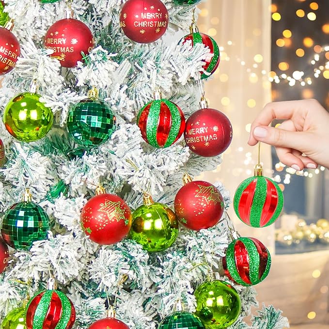 40PCS 2.36" Christmas Balls Ornaments, Plastic Christmas Tree Ornaments, Holiday Baubles, Hanging Decorations for Xmas Trees Holiday Party, Red Green Baubles