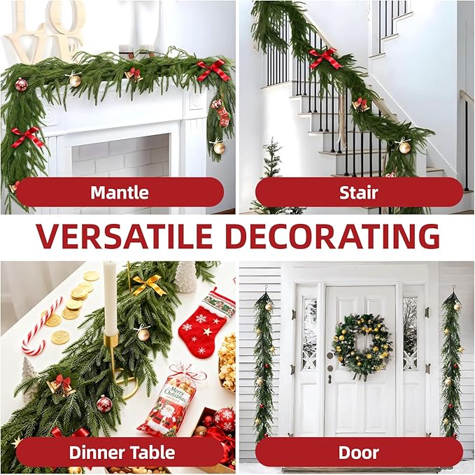 Christmas Garlands 9FT Norfolk Pine Garland 2PCS Realistic Artificial Faux Greenery Garland for Mantle Holiday Indoor Outdoor Fireplace Window Stairs Winter Christmas Decorations