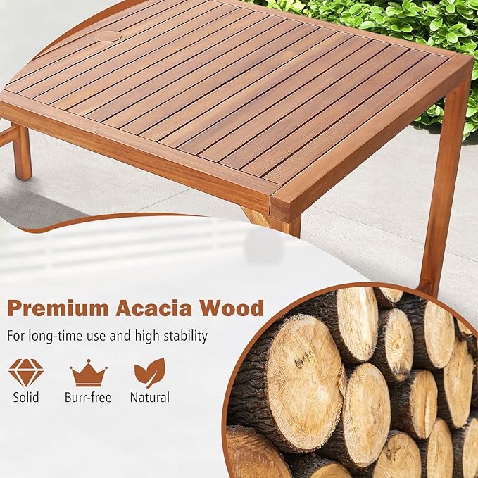 Tangkula Outdoor Rectangle Dining Table, Acacia Wood Table with 2 Inch Umbrella Hole, Spacious Slatted Tabletop for 6 Person, Indoor Outdoor Table for Backyard, Dining Room