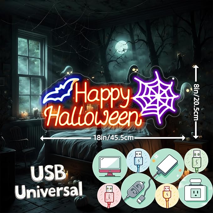 Happy Halloween Neon Sign, Halloween Hanging Neon Sign for Bat Neon Light Halloween Bedroom Kids Room Bar Club Decoration Gift Seasonal Outdoor Party Backdrop Haunted House Decor Banner