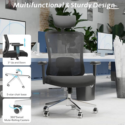 Ergonomic Office Chair with Adjustable Lumbar Support & Flip-Up Armrests - High Back Desk Chair with Thickened Seat Cushion, Rolling Wheels for Home/Office Study Work (05black)