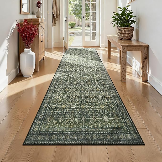 Lofus 2X 6 Runner Rug for Hallways,Green Washable Runner Rugs with Non Slip Rubber Backing, Low Pile Soft Carpet Runner for Kitchen Bathroom Bedroom Laundry