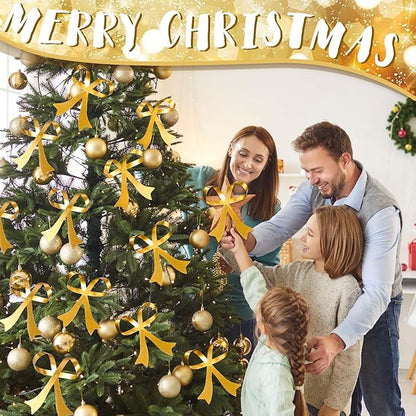 12 Pcs Christmas Metal Bow Ornaments Gold Christmas Tree Hanging Ornaments Bow Tree Topper Gold Bow Decoration for Christmas Tree Garland Wreath Indoor Outdoor Decor