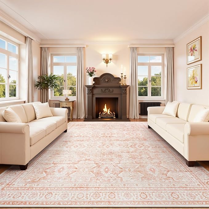 Lofus 9x12 Area Rug for Living Room,Pink Washable Area Rugs with Non-Slip Backing,Soft Boho Carpets for Bedroom Dining Room Home Office Indoor Nursery