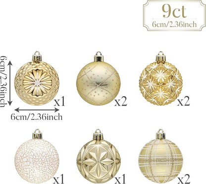 Valery Madelyn Ornaments for Christmas Trees, 9ct 2.36 Inches White and Gold Shatterproof Christmas Tree Decorations, Luxury Hanging Ball Ornaments for Xmas Holiday Party Decor