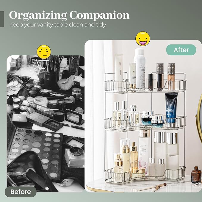 Aveniee Corner Bathroom Counter Organizer, Bathroom Countertop Shelf Makeup Organizer for Vanity Perfume Corner Storage (3 Tiers, Grey)