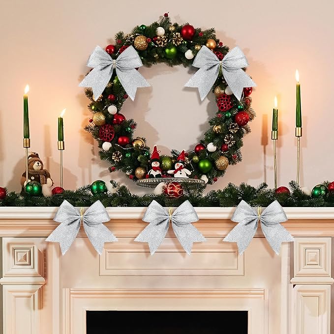 Cindeer 24 Pcs Silver Christmas Bow Decorations 6 x 6 Inches, Glitter Holiday Ornaments Sequin Ties Bows for Xmas Tree, Wreath, DIY Crafts, Gift Wrapping, Party Decor