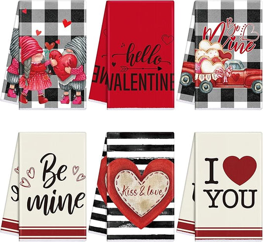 Oudain Valentines Kitchen Towels Set of 6 Red Hearts Gnome Holiday Tabletop Decor