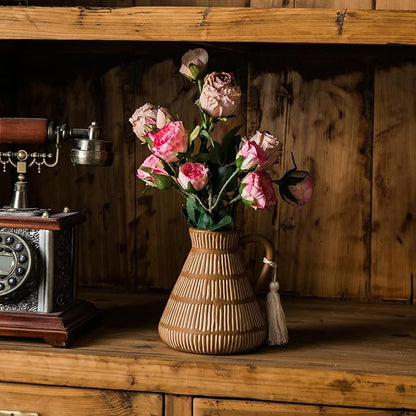 Rustic Farmhouse Vase with Handle and Tassel, Vertical Stripes Terracotta Pottery - Vintage Ceramic Clay for Home Décor, Shelf, Table, Bookshelf, Mantle, Entryway
