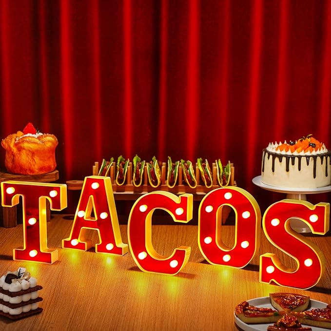 Tacos Light up Letters Sign Party Decorations Battery Powered Marquee Lighted Sign Alphabet LED Letter Lights for Christmas Tacos Bar Themed Party Birthday Home Tabletop Decor Supplies