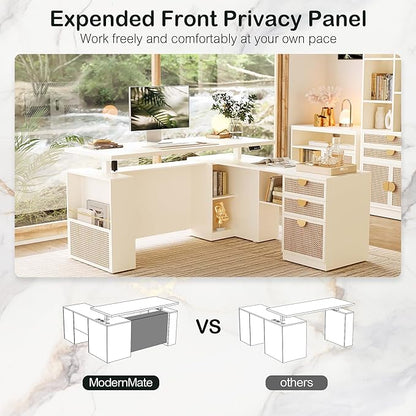 63" Standing Desk with File Cabinet, Privacy Panel, AC/USB, 1.18" Desktop, Executive L Shaped Height Adjustable Desk, Electric Stand Up Table with 3 Drawers, White Rattan