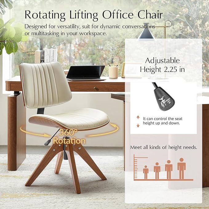 HULALA HOME Desk Chair with Solid Wood Legs, Adjustable Height & 360° Swivel, Comfy Bentwood Faux Leather Tufted Task Chair, Ivory