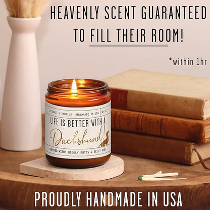 Dachshund Gifts for Women - 'Life is Better with a Dachshund' Candle, w/Vanilla, Coconut & Citrus - Infused w/Essential Oils I Weiner Dog Gifts for Women I Dachshund Decor I 50Hr Burn, USA Made