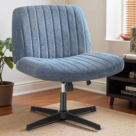 DUMOS Desk Chair No Wheels, Criss Cross Chair Wide Cross Legged Desk Vanity Comfy Chair, Armless Adjustable Swivel Chairs for Home Computer Task Blue