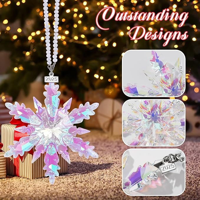 2025 Annual Edition Snowflake Crystal Christmas Ornament, Large Crystal Ornaments Display Winter House Decor with Gift Box (Colourful B)