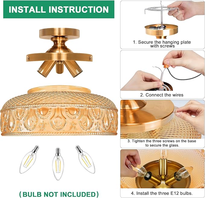 Lamomo Semi Flush Mount Ceiling Light, Upgraded Larger Hallway Light Fixture, 3-Bulb Globe Glass Close to Ceiling Scone, Amber Indoor Hanging Light for Bedroom Kitchen Porch Hallway,Bulbs Not Included
